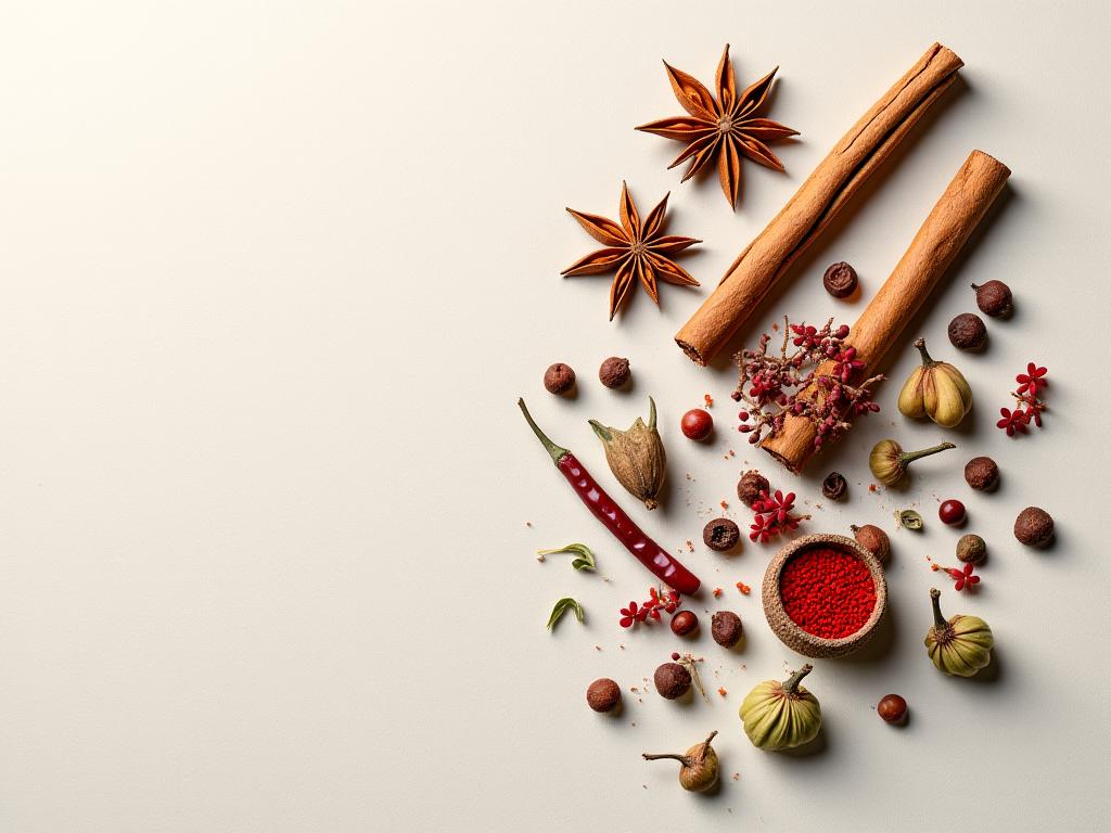 様々なスパイスが美しく配置された禅的なテーブル、調和とバランス